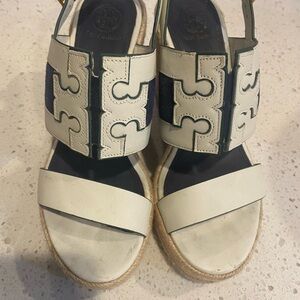 Tory Burch Cream and Navy Espadrille Sandals